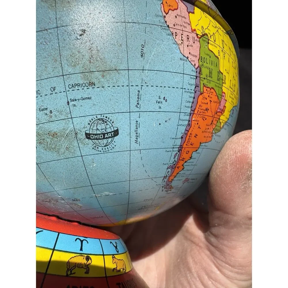 Vintage Metal Globe Coin Bank By Ohio Art Co with Months Seasons Zodiac Signs